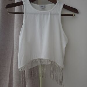 Rue21 White Tank Top with Silver Fringe Hem